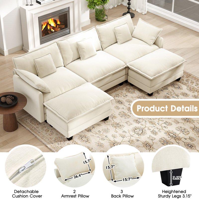 BedLuxury 111.5'' Modular Sectional Sofa With Movable Ottomans U Shaped Cloud Couch For Living Room 3-Seat Beige