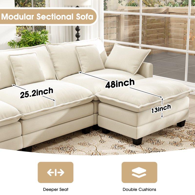 BedLuxury 111.5'' Modular Sectional Sofa With Movable Ottomans U Shaped Cloud Couch For Living Room 3-Seat Beige