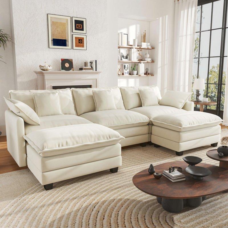 BedLuxury 111.5'' Modular Sectional Sofa with Movable Ottomans U Shaped Cloud Couch for Living Room 3-Seat Beige