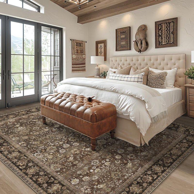 BERTHMEER 5'x7' Vintage Brown Area Rugs For Living Room Bedroom Dining Room Farmhouse Traditional Oriental Office Rugs Machine Washable Non-slip