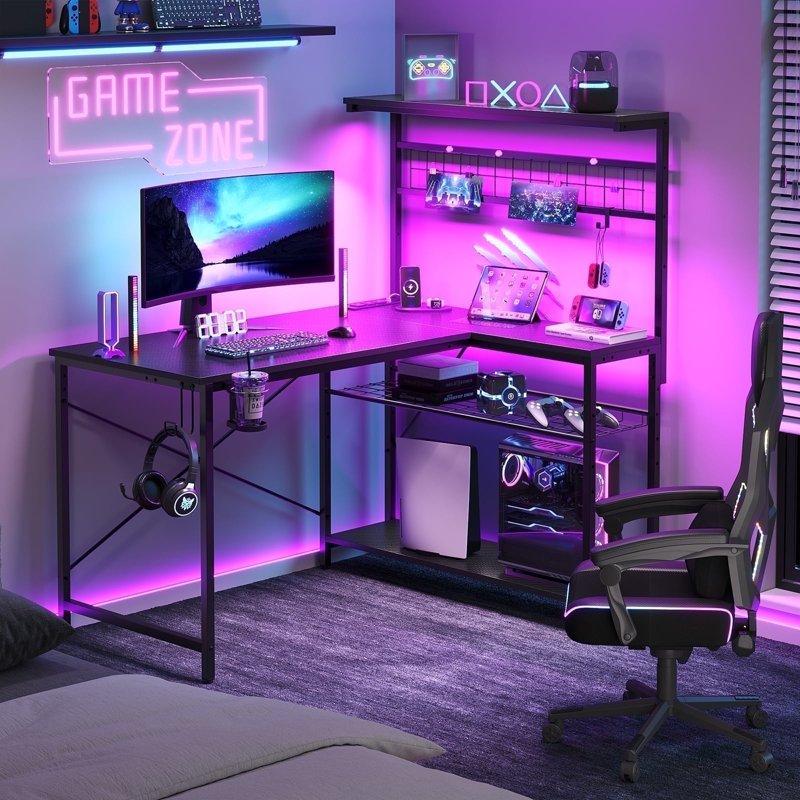 Bestier 51 L Shaped Gaming Desk With Power Outlets & LED Light Computer Desk With 4 Tiers Shelves For Home Office Reversible Gamer Table With Hooks And Cup Holder Carbon Fiber