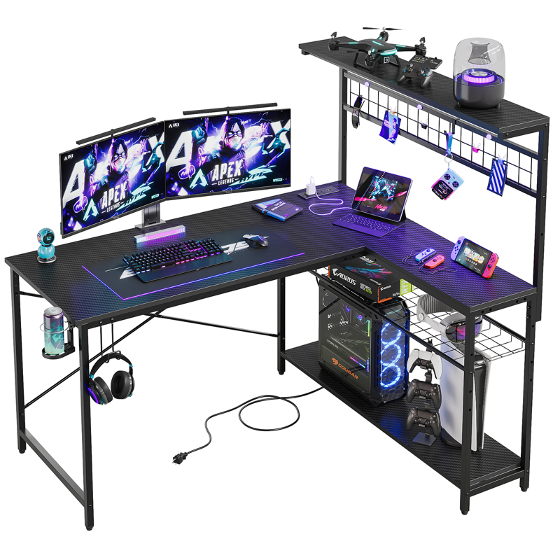 Bestier 51 L Shaped Gaming Desk With Power Outlets & LED Light Computer Desk With 4 Tiers Shelves For Home Office Reversible Gamer Table With Hooks And Cup Holder Carbon Fiber