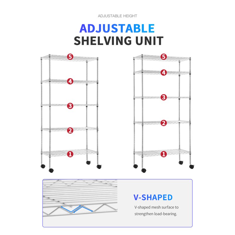 BestOffice Adjustable Garage 5-Tiers 14" X 30" X 60" Shelf Unit Chrome