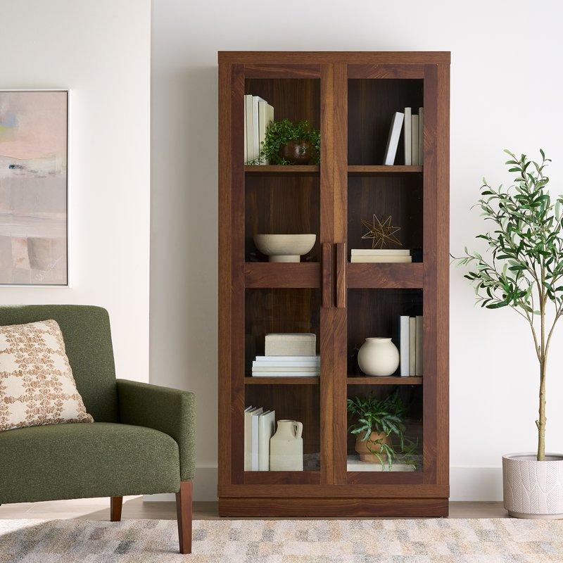 Better Homes & Gardens Ezra Glass Door Storage Accent Cabinet Warm Walnut finish