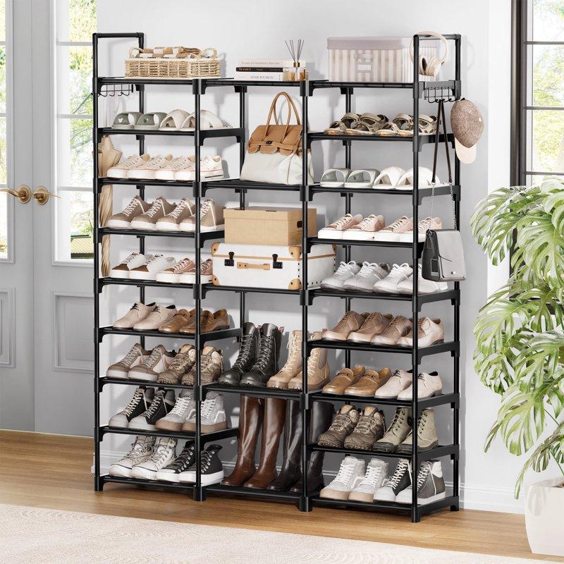 BGTREND 9 Tiers Large Shoe Rack 3 Columns Metal Shoe Storage Organizer 50-55 Pairs Joinable Shoe Tower for Closet Entryway (62 inches Black)