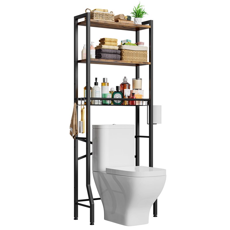 Biemlerfn Over The Toilet Storage Shelf 3-Tier Wooden Bathroom Organizer Freestanding Space Saver With Toilet Paper Holder And 3 Hooks Brown