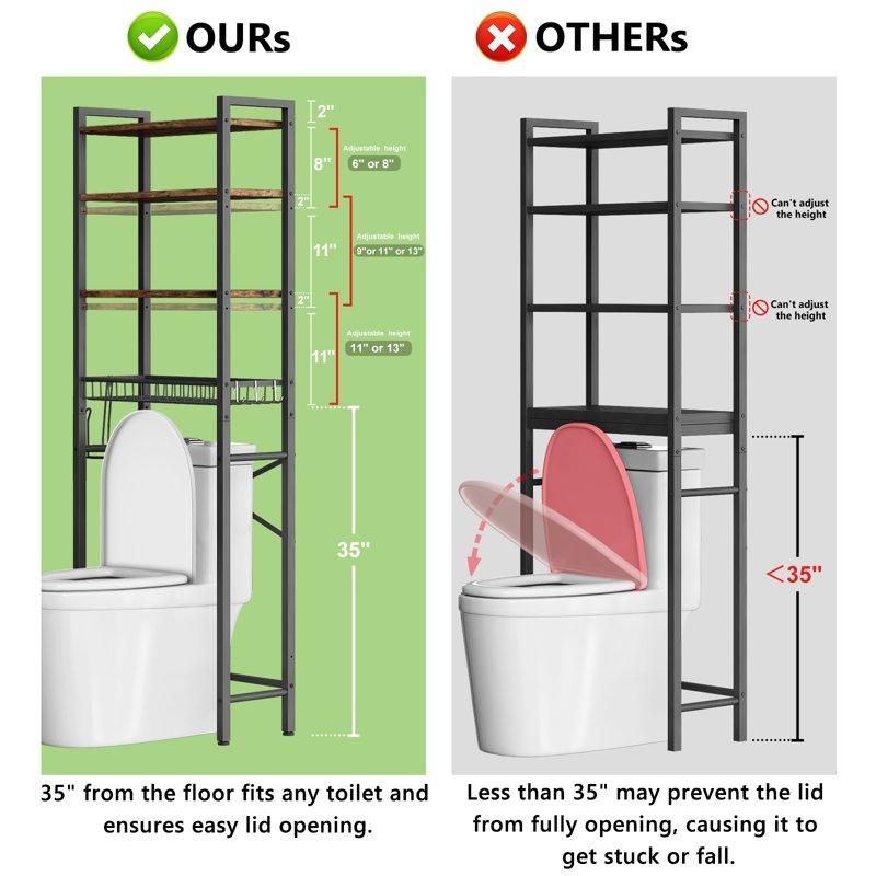 Biemlerfn Over The Toilet Storage Shelf 4-Tier Wooden Bathroom Organizer Adjustable Saver Space Rack With Toilet Paper Holder Vintage Brown
