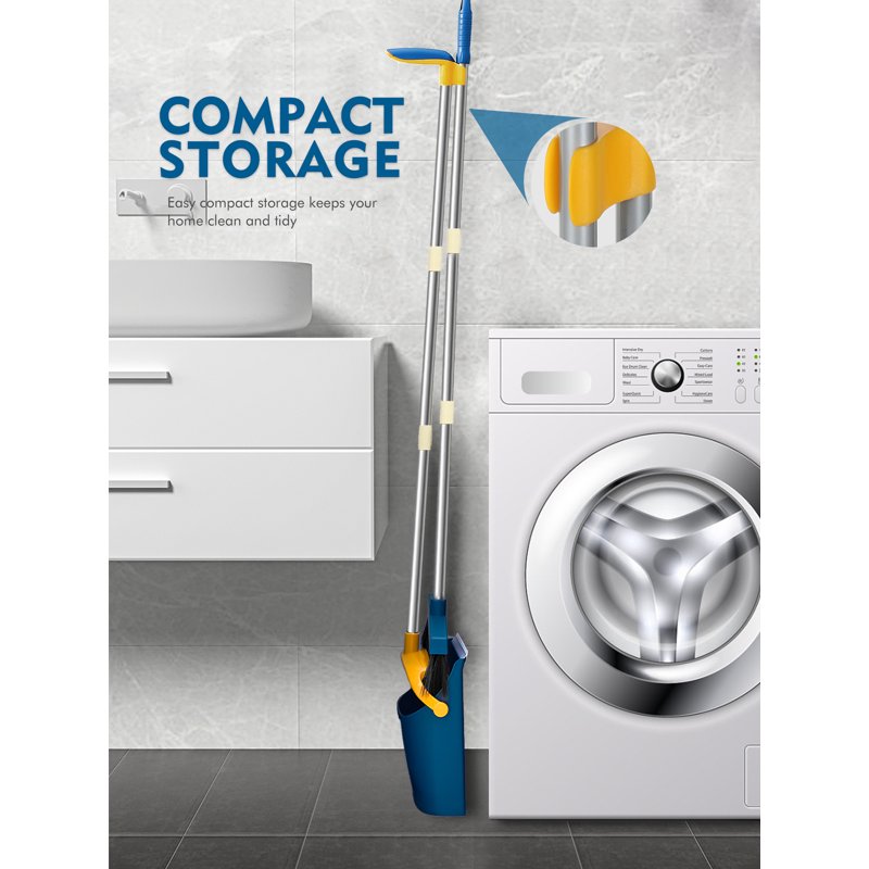 BIMZUC Upgrade Broom And Dustpan Set For Home Self-Cleaning With Dustpan Teeth 51.2in Stand Up Blue