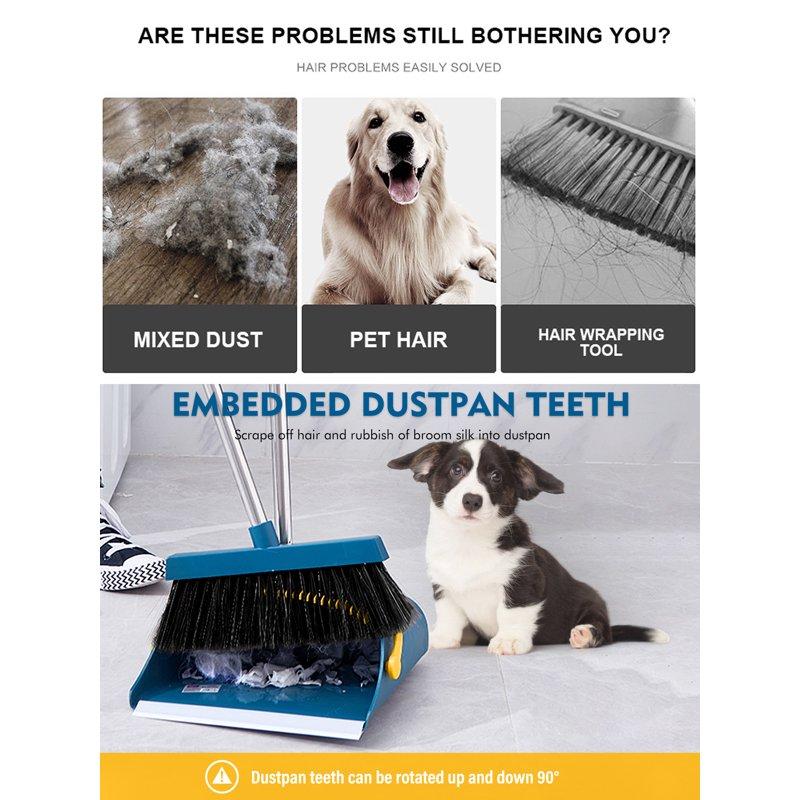 BIMZUC Upgrade Broom And Dustpan Set For Home Self-Cleaning With Dustpan Teeth 51.2in Stand Up Blue