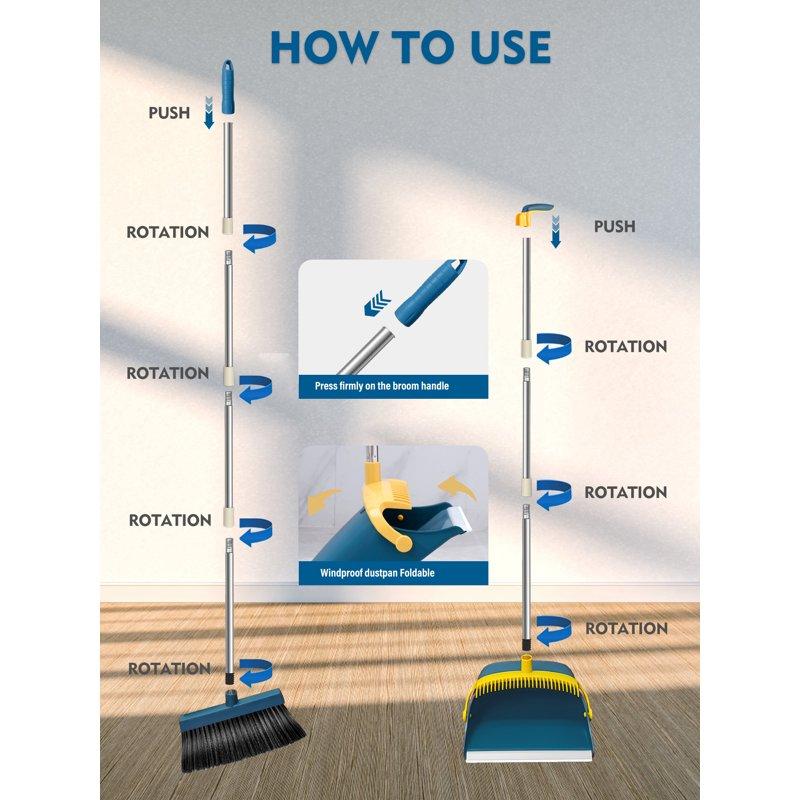 BIMZUC Upgrade Broom And Dustpan Set For Home Self-Cleaning With Dustpan Teeth 51.2in Stand Up Blue