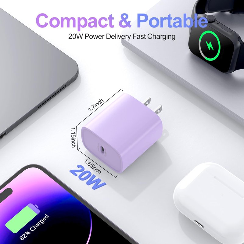 Bkayp IPhone Charger [Apple Mfi Certified] 2 Pack 20W PD USB C Wall Charger With 6ft Fast Charging Cables Compatible With IPhone 14/13/12/11 Purple