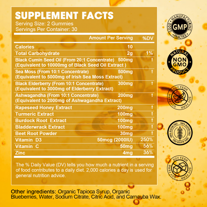 Black Seed Oil Sea Moss Gummies With Ashwagandha Burdock Root Elderberry Turmeric Vitamin C D3 & Zinc - Supports Immunity Joints Digestion Hair & Skin Vegan Gummies 60 Counts