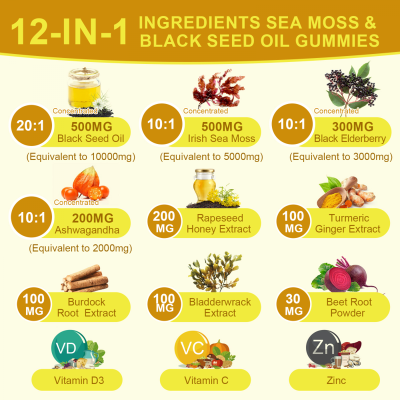 Black Seed Oil Sea Moss Gummies With Ashwagandha Burdock Root Elderberry Turmeric Vitamin C D3 & Zinc - Supports Immunity Joints Digestion Hair & Skin Vegan Gummies 60 Counts