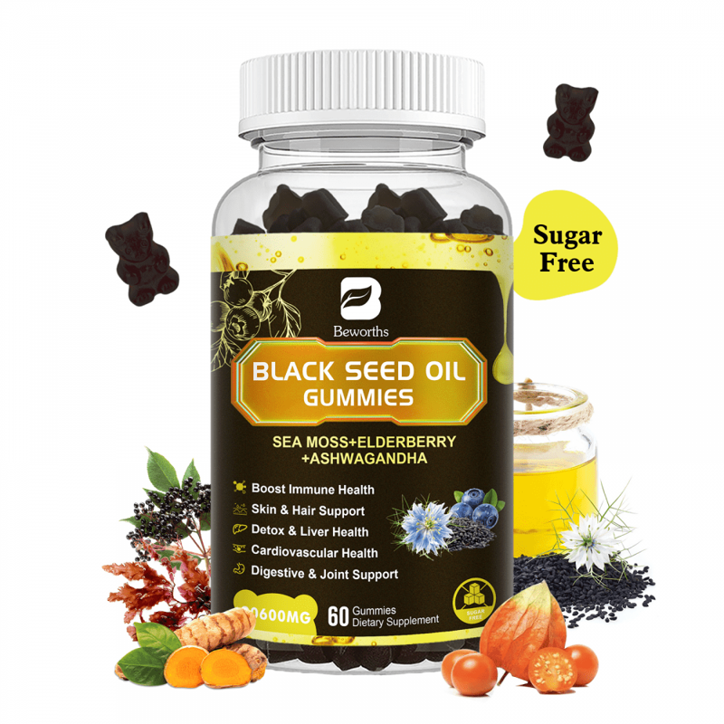 Black Seed Oil Sea Moss Gummies with Ashwagandha Burdock Root Elderberry Turmeric Vitamin C D3 & Zinc - Supports Immunity Joints Digestion Hair & Skin Vegan Gummies 60 Counts