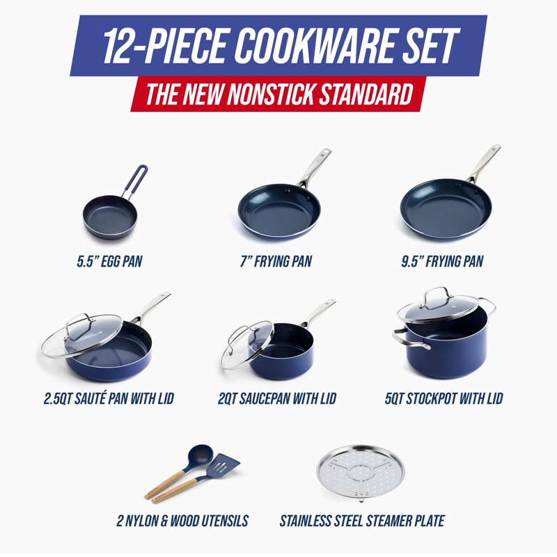 Blue Diamond 12-Piece Ceramic Nonstick Cookware Set – Toxin-Free Dishwasher Safe Oven Safe Nonstick