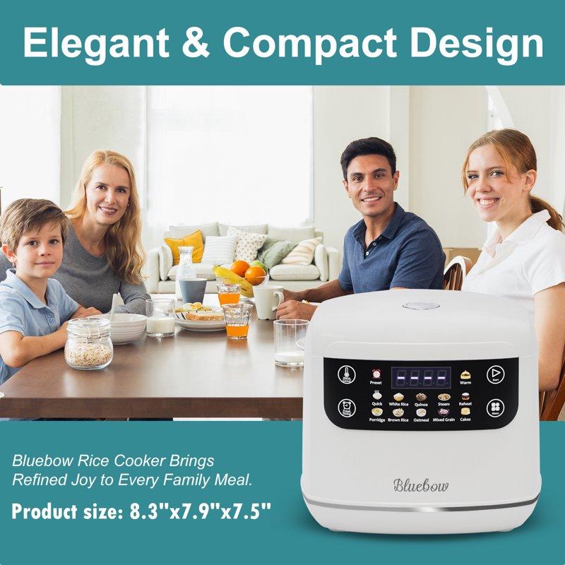 Bluebow Digital Rice Cooker 6-Cup/2.1QT Small Rice Maker 10 Presets 24-Hour Delay Timer & Keep Warm Non-Stick Inner Pot White