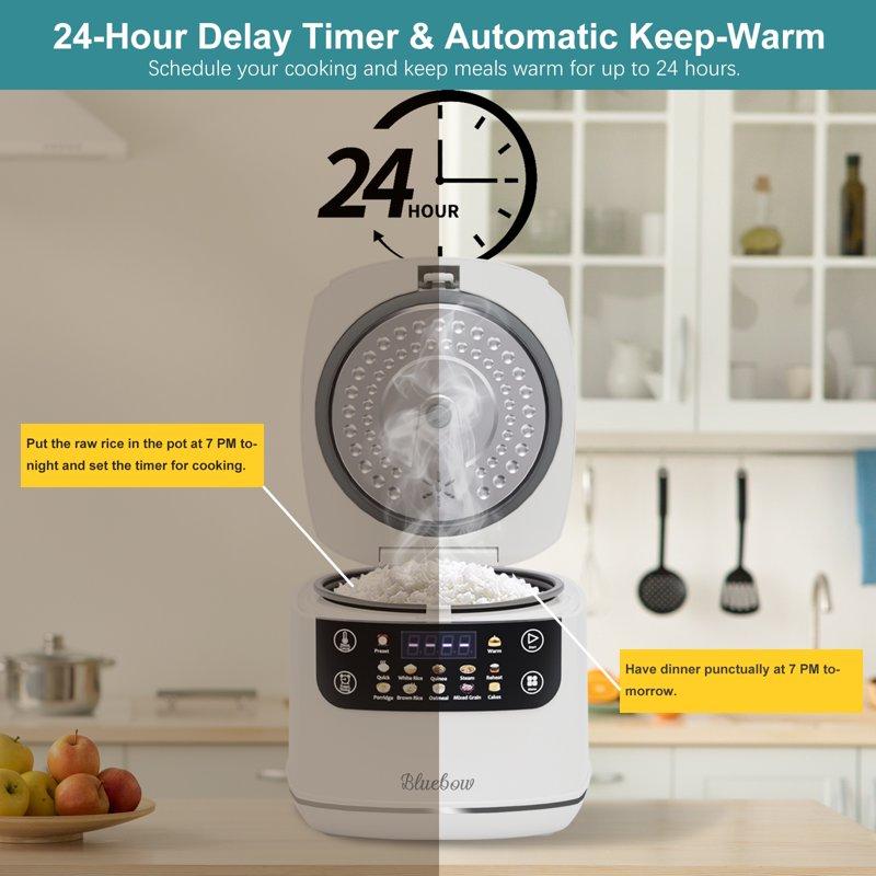 Bluebow Digital Rice Cooker 6-Cup/2.1QT Small Rice Maker 10 Presets 24-Hour Delay Timer & Keep Warm Non-Stick Inner Pot White