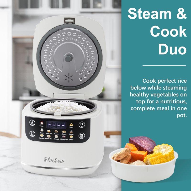 Bluebow Digital Rice Cooker 6-Cup/2.1QT Small Rice Maker 10 Presets 24-Hour Delay Timer & Keep Warm Non-Stick Inner Pot White