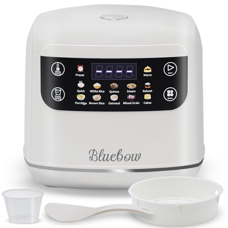 Bluebow Digital Rice Cooker 6-Cup/2.1QT Small Rice Maker 10 Presets 24-Hour Delay Timer & Keep Warm Non-Stick Inner Pot White