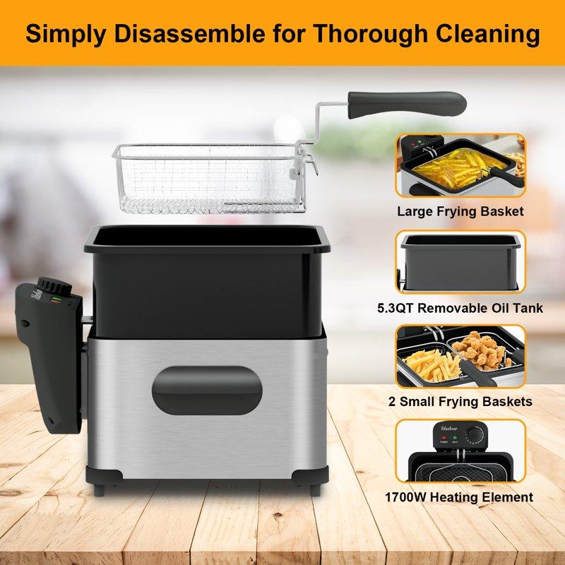 Bluebow Electric 5.3QT Deep Fryer 1700W Immersion Fryer With 3-Baskets Adjustable Temperature Lid With Viewing Window Stainless Steel