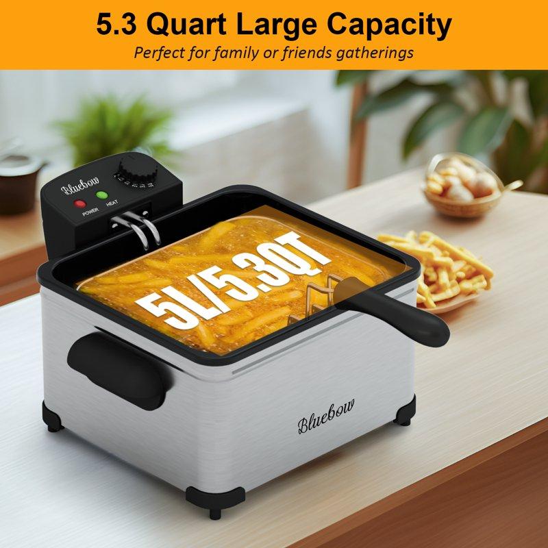 Bluebow Electric 5.3QT Deep Fryer 1700W Immersion Fryer With 3-Baskets Adjustable Temperature Lid With Viewing Window Stainless Steel