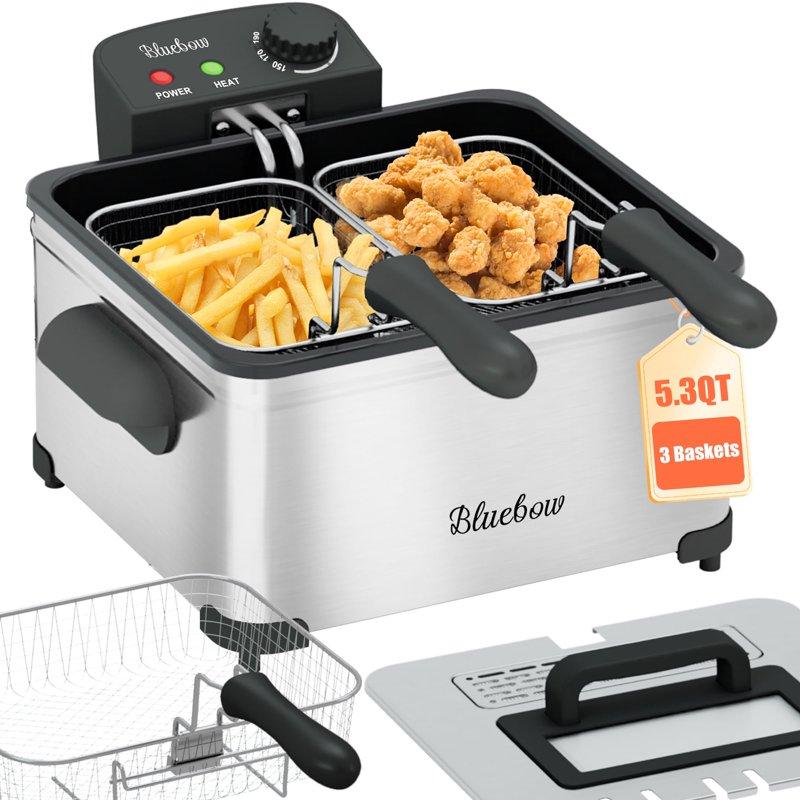 Bluebow Electric 5.3QT Deep Fryer 1700W Immersion Fryer with 3-Baskets Adjustable Temperature Lid with Viewing Window Stainless Steel