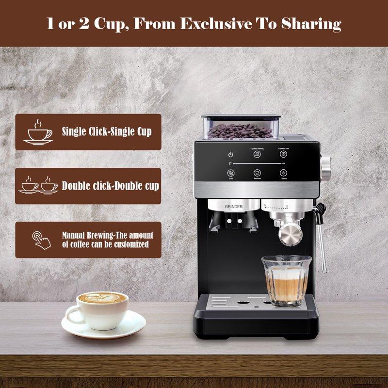 Bluebow Espresso Machine With Grinder 20Bar Semi-Automatic Coffee Maker With Milk Frother Professional Cappuccino Latte Machine For Home Office