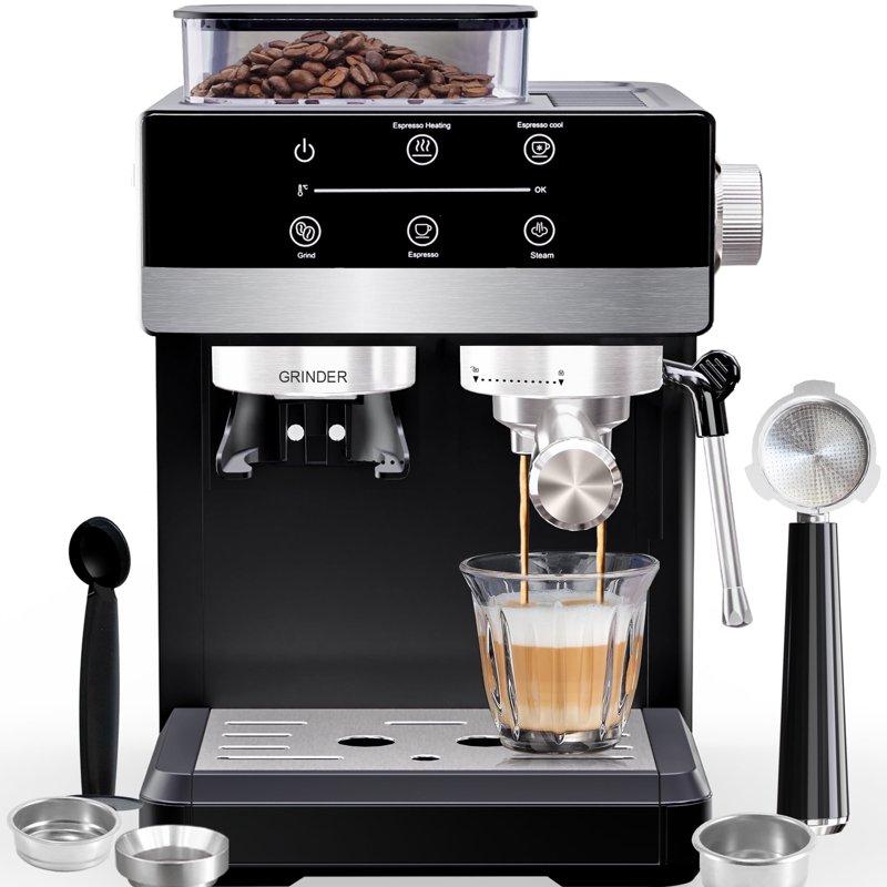 Bluebow Espresso Machine with Grinder 20Bar Semi-Automatic Coffee Maker with Milk Frother Professional Cappuccino Latte Machine for Home Office