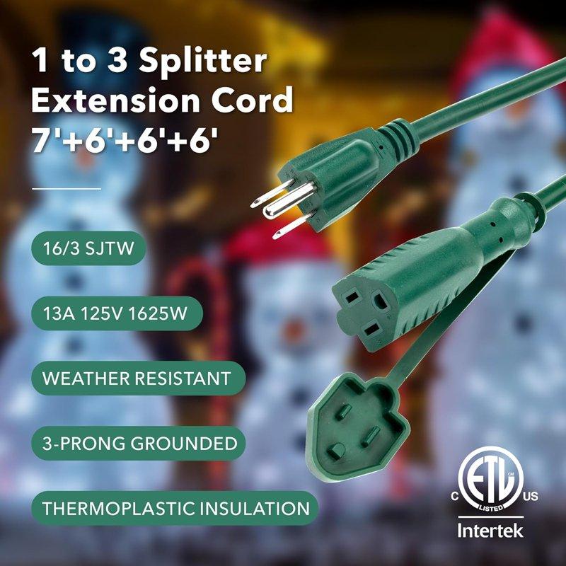 BN-LINK Outdoor Extension Cord 1 To 3 Splitter 25 Ft Power Cord Multi Grounded Outlets 16/3 SJTW Weatherproof For Lighting Landscaping & Holiday Decorations ETL Listed