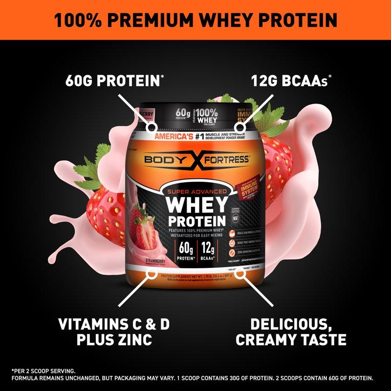 Body Fortress Super Advanced 100% Premium Whey Protein Powder Strawberry 1.78lbs (Packaging May Vary)