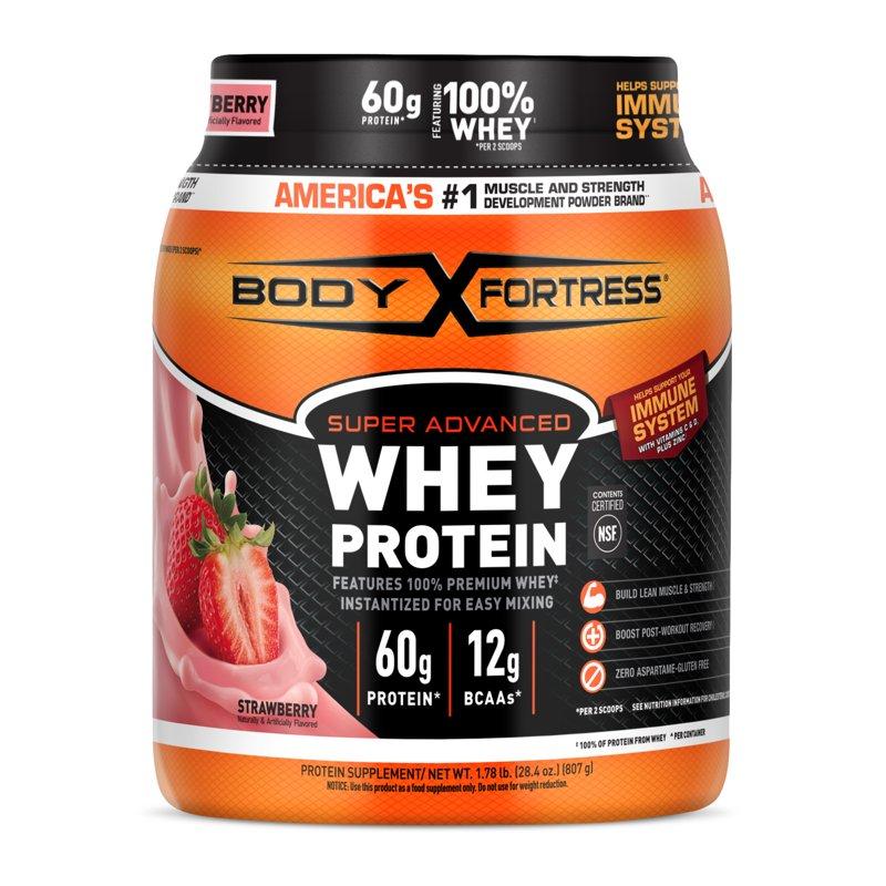 Body Fortress Super Advanced 100% Premium Whey Protein Powder Strawberry 1.78lbs (Packaging May Vary)