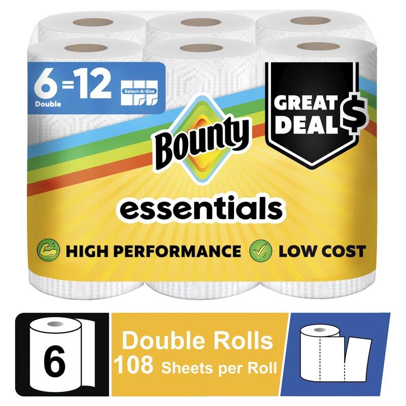 Bounty Essentials Select-A-Size Paper Towels 6 Double Rolls White 108 Sheets Per Roll