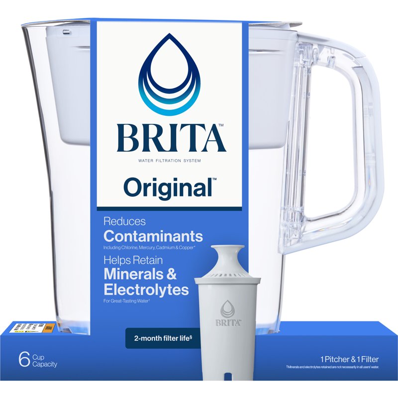Brita Small 6 Cup Bright White Denali Water Filter Pitcher With 1 Brita Standard Filter
