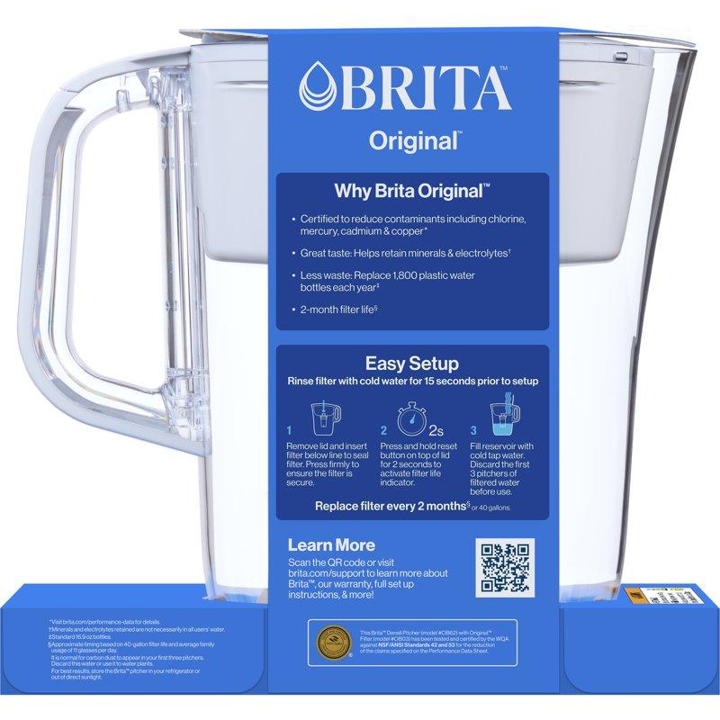 Brita Small 6 Cup Bright White Denali Water Filter Pitcher With 1 Brita Standard Filter