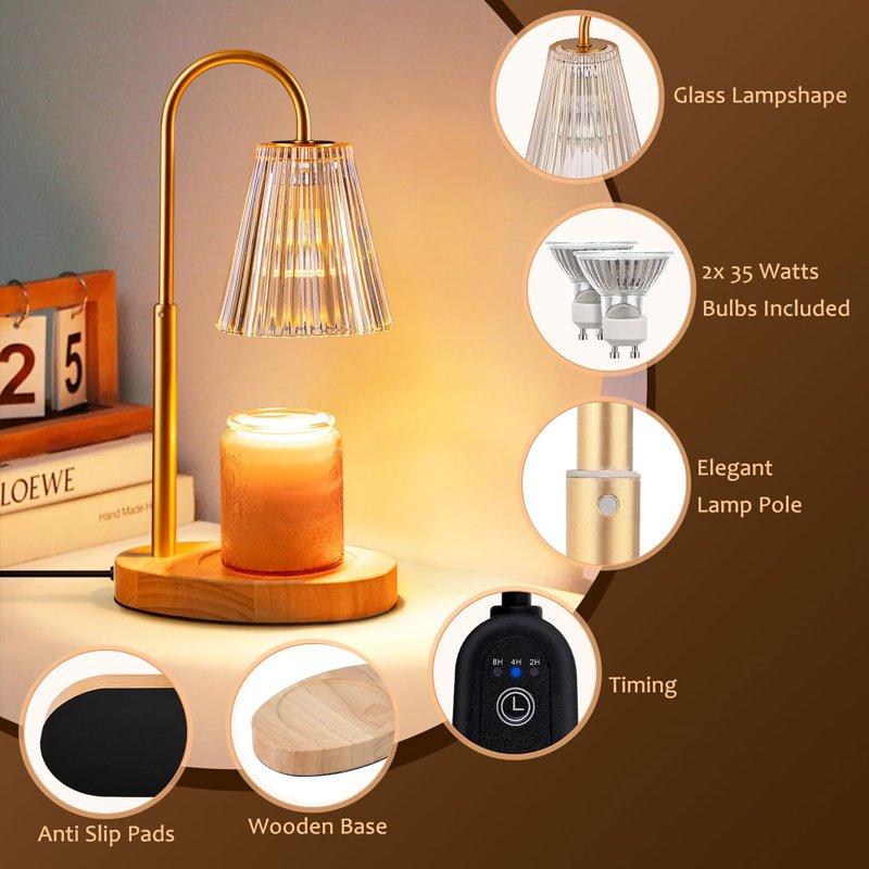 Candle Warmer Lamp With Timer Dimmable Adjustable Height - Electric Top Down Melting For All Jar Candles - Home Decor Wax Melter Light In Amber (Includes 2 Halogen Bulbs)