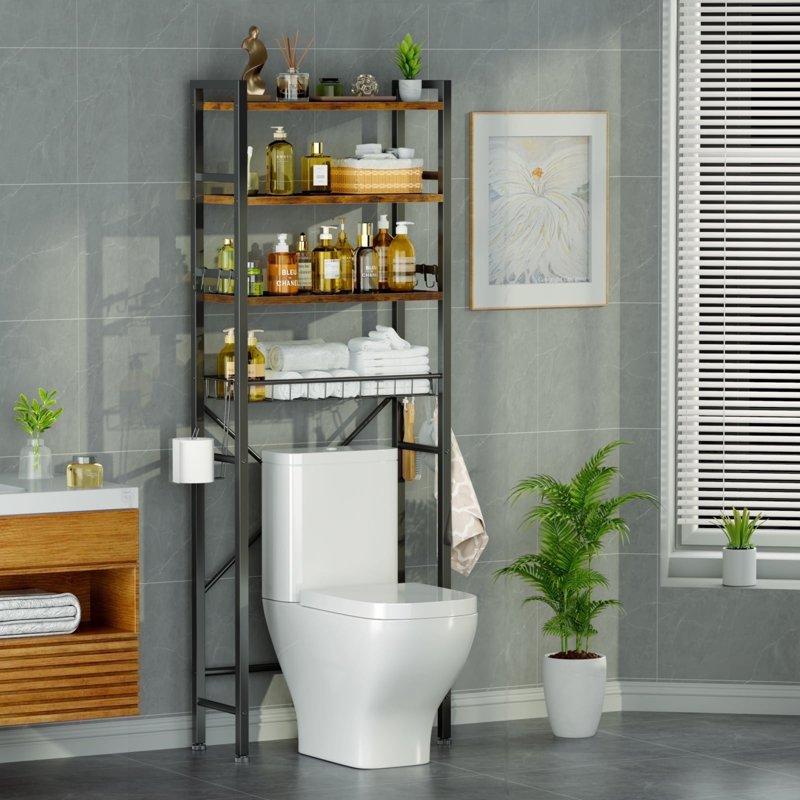 Capri Over The Toilet Storage Shelf 4-Tier Freestanding Bathroom Organizers And Storage Above Toilet Space Saver Rack With Adjustable Shelves Toilet Paper Holder And 9-Hooks Rustic Brown
