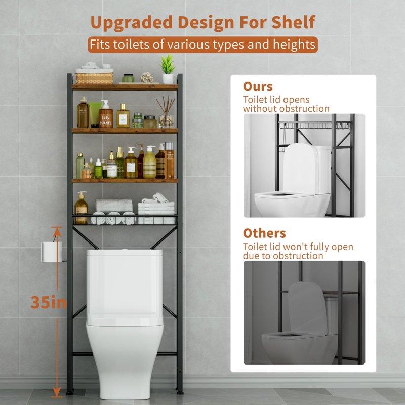 Capri Over The Toilet Storage Shelf 4-Tier Freestanding Bathroom Organizers And Storage Above Toilet Space Saver Rack With Adjustable Shelves Toilet Paper Holder And 9-Hooks Rustic Brown