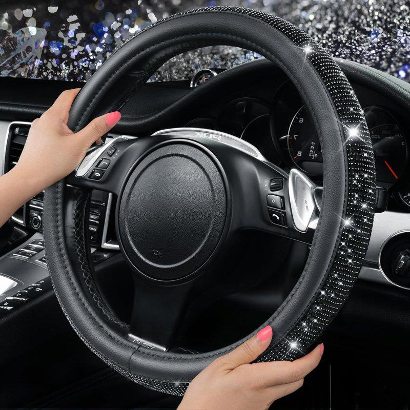 CAR GRAND Bling Diamond Leather Steering Wheel Cover Sparkly Crystal Glitter Rhinestones Universal Fit 14"1/2-15" Car Wheel Protector For Women Girl Fit Suvs Vans Sedans Car Trucks Black Diamond