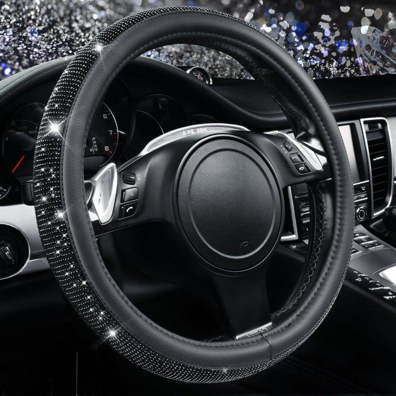 CAR GRAND Bling Diamond Leather Steering Wheel Cover Sparkly Crystal Glitter Rhinestones Universal Fit 14"1/2-15" Car Wheel Protector for Women Girl Fit Suvs Vans Sedans Car Trucks Black Diamond