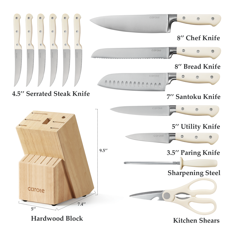 Carote 14 Pcs Knife Set With Wooden Block Stainless Steel Knives With Ergonomic Handle Forged
