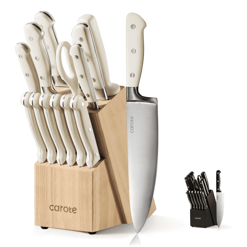 Carote 14 Pcs Knife Set with Wooden Block Stainless Steel Knives with Ergonomic Handle Forged
