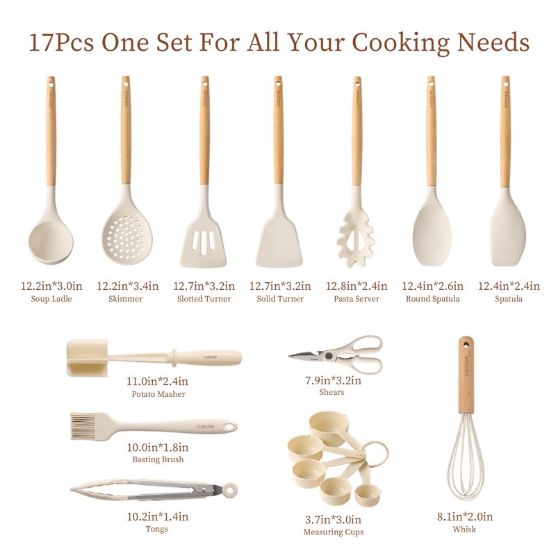Carote 17-Piece Silicone And Wood Cooking Utensil Set Heat-Resistant Safe For Nonstick Cookware