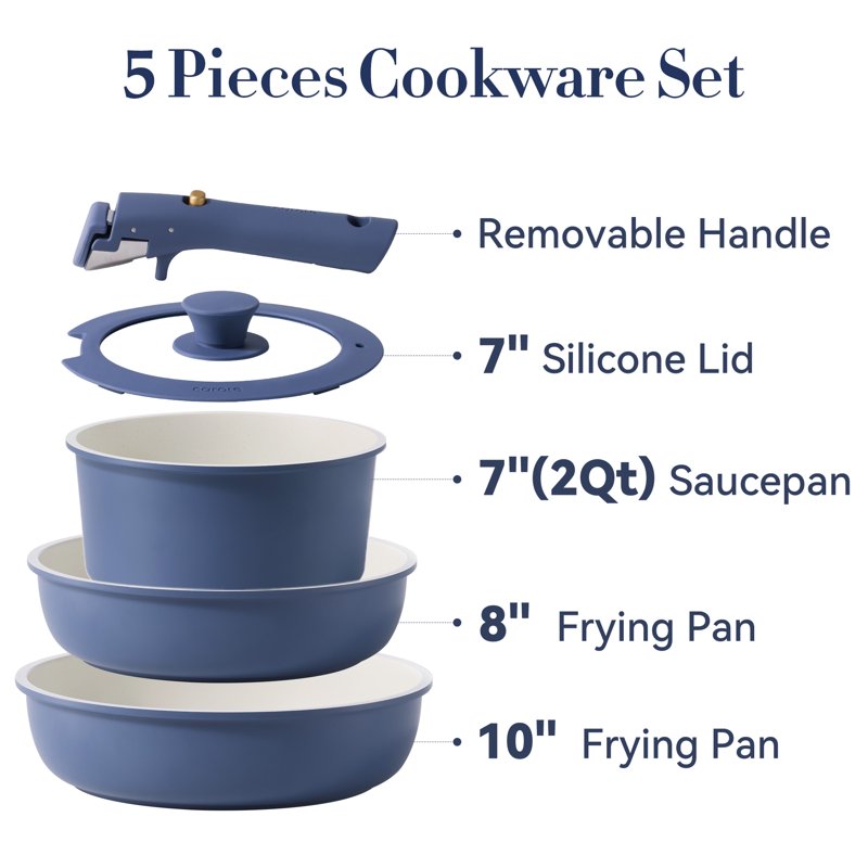 Carote 5 Pcs Pots And Pans Nonstick Cookware Set With Detachable Handles Oven Safe Induction Ready Stackable Kitchen Cooking Set Navy Blue