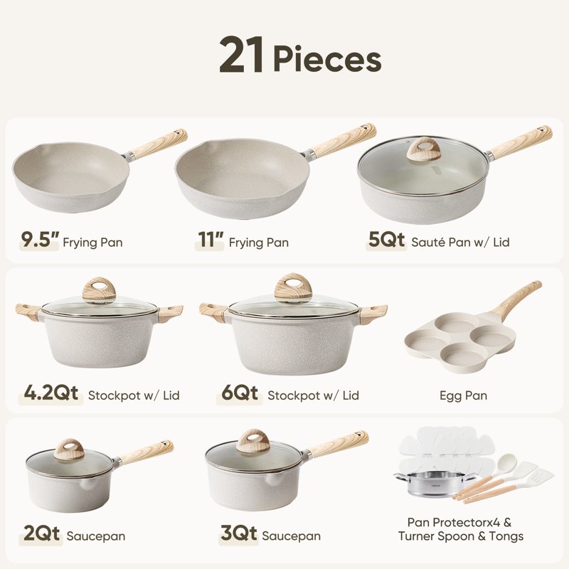 Carote Nonstick Cookware Set 21-Piece Kitchen Pots And Pans Set Stay-Cool Handles Induction Compatible Cookware Set For RV And Camping Beige