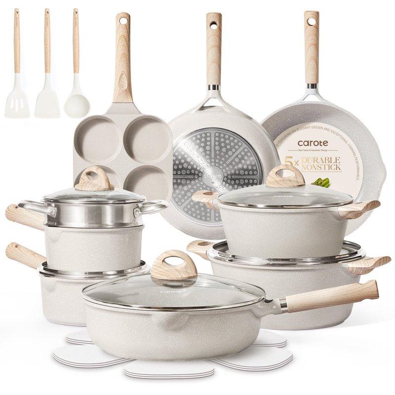 Carote Nonstick Cookware Set 21-Piece Kitchen Pots and Pans Set Stay-Cool Handles Induction Compatible Cookware Set for RV and Camping Beige