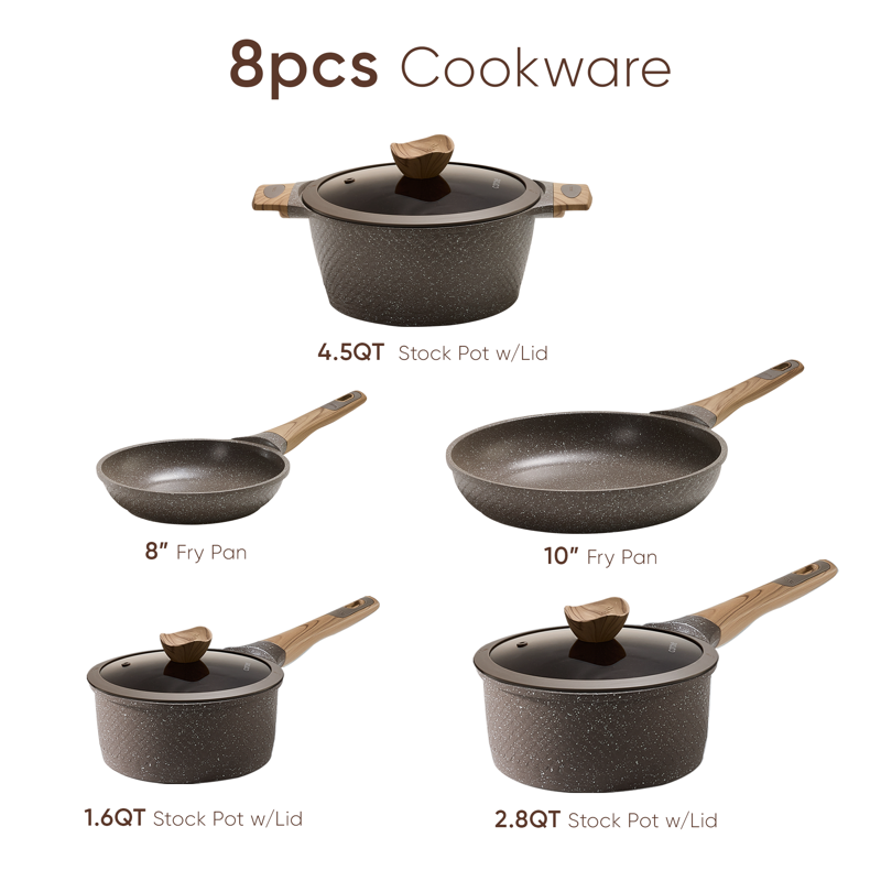 Carote Nonstick Granite Cookware Sets 8Pcs Brown Pots And Pans Induction Kitchen Cooking Set
