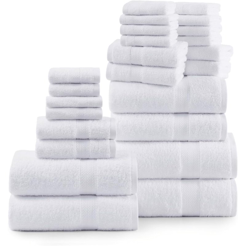 Casa Platino 100% Ring-Spun Cotton Bath Towels Set Of 24 - 2 Bath Sheets 2 Gym Towel 2 Bath 4 Fingertip 6 Hand 8 Washcloths Gentle On Body Quick Dry Everyday Use – White
