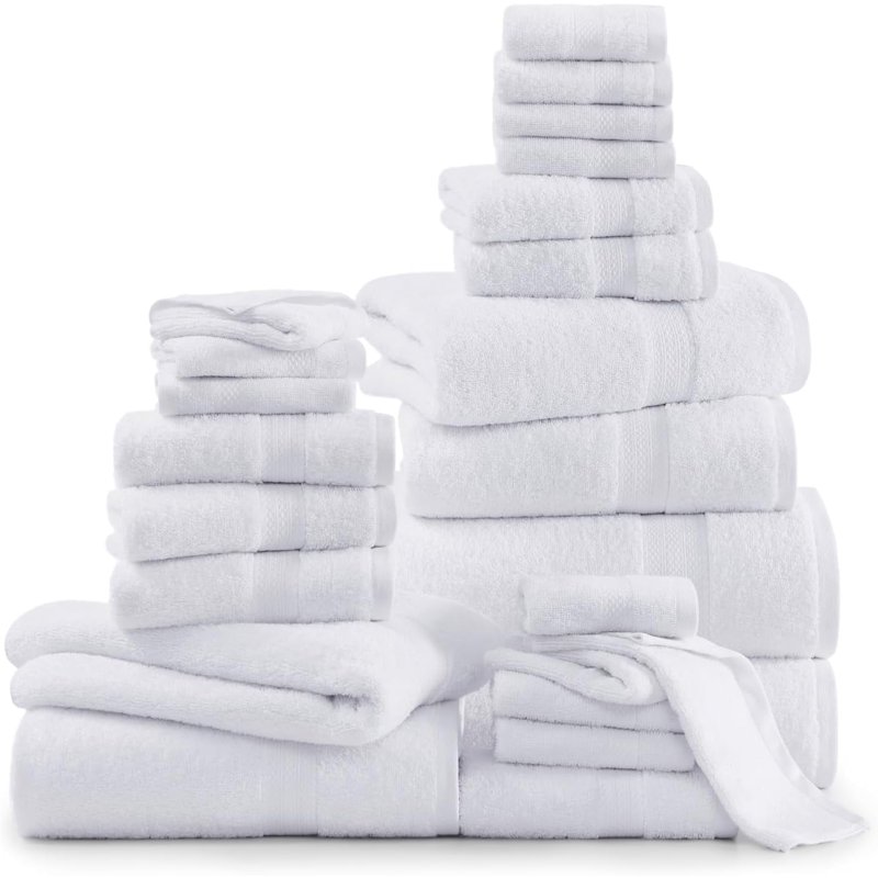 Casa Platino 100% Ring-Spun Cotton Bath Towels Set of 24 - 2 Bath Sheets 2 Gym Towel 2 Bath 4 Fingertip 6 Hand 8 Washcloths Gentle on Body Quick Dry Everyday Use – White