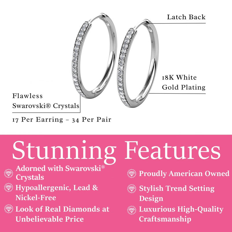 Cate & Chloe Bianca 18k White Gold Plated 25mm Hoop Earrings With Swarovski Crystals For Women
