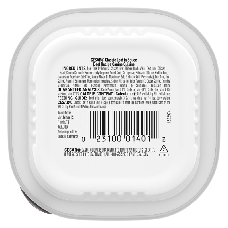 Cesar Classic Loaf In Sauce Beef Recipe Wet Dog Food 3.5 Oz Tray